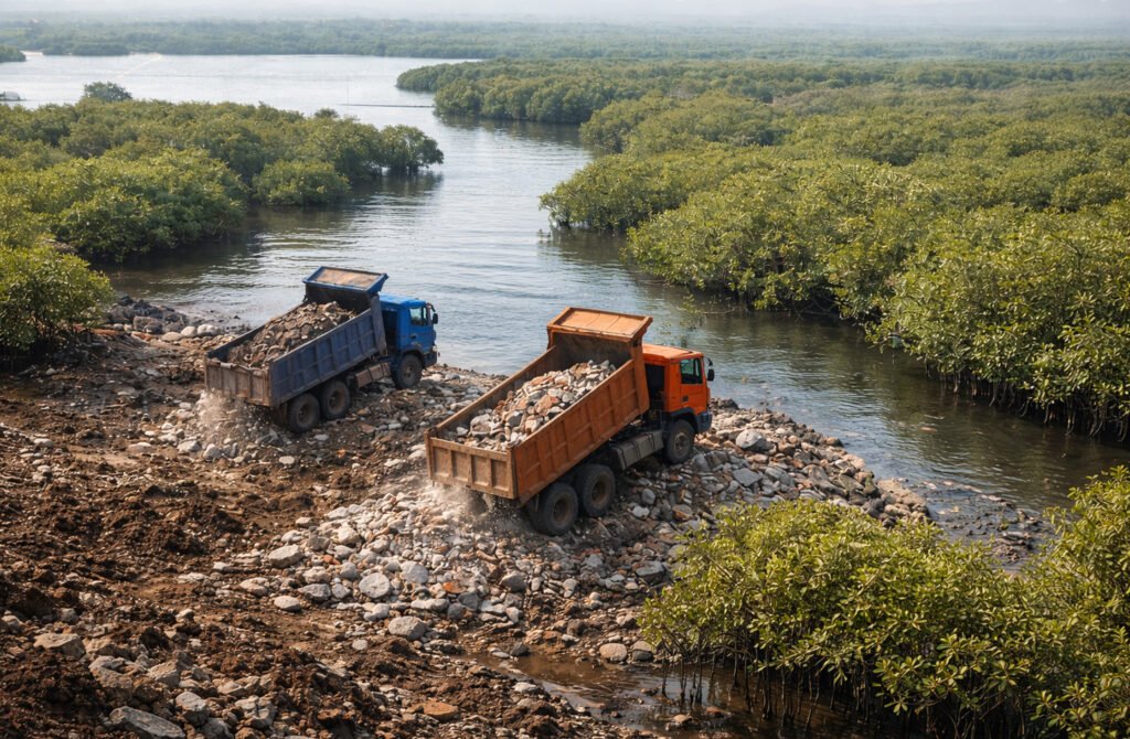 Construction debris dumping near mangroves in Mumbai with trucks unloading rubble