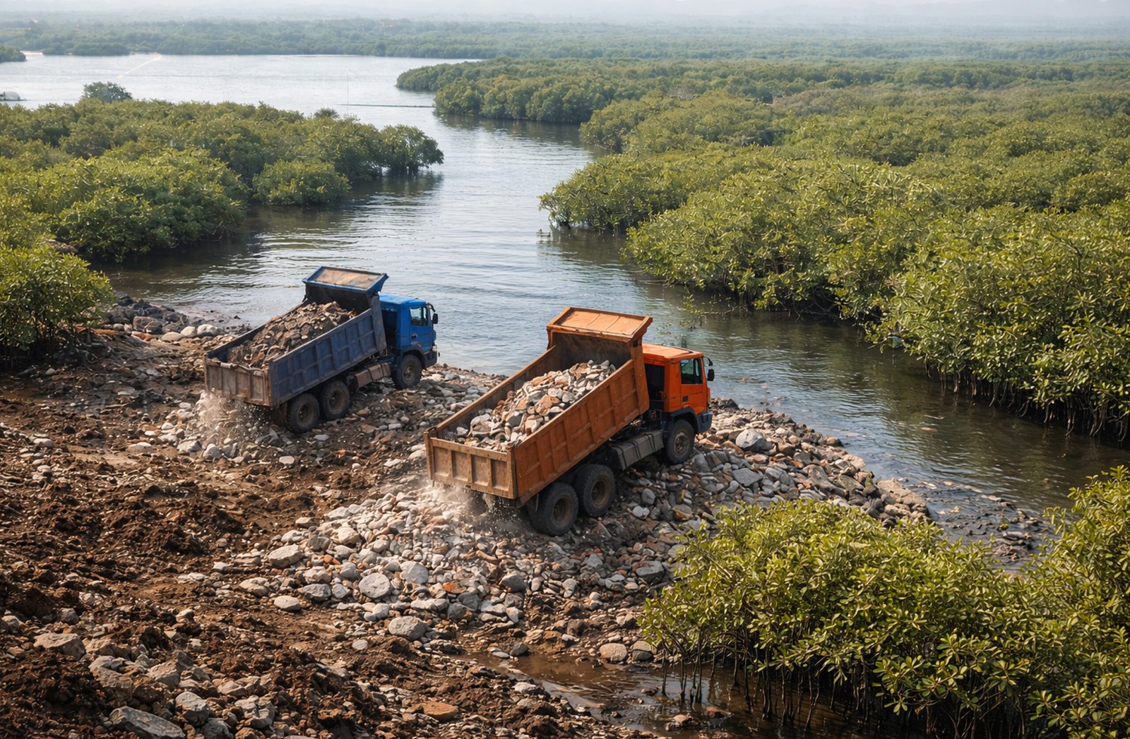 Construction debris dumping near mangroves in Mumbai with trucks unloading rubble